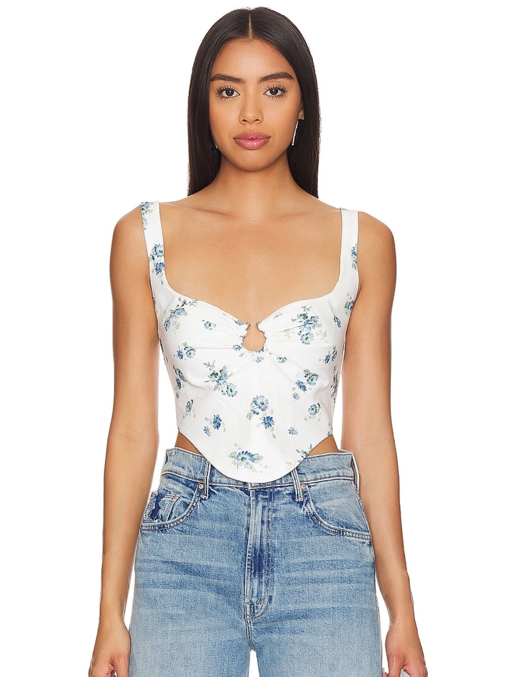 Bardot White Floral Keyhole Corset Cami with Blue Blossoms